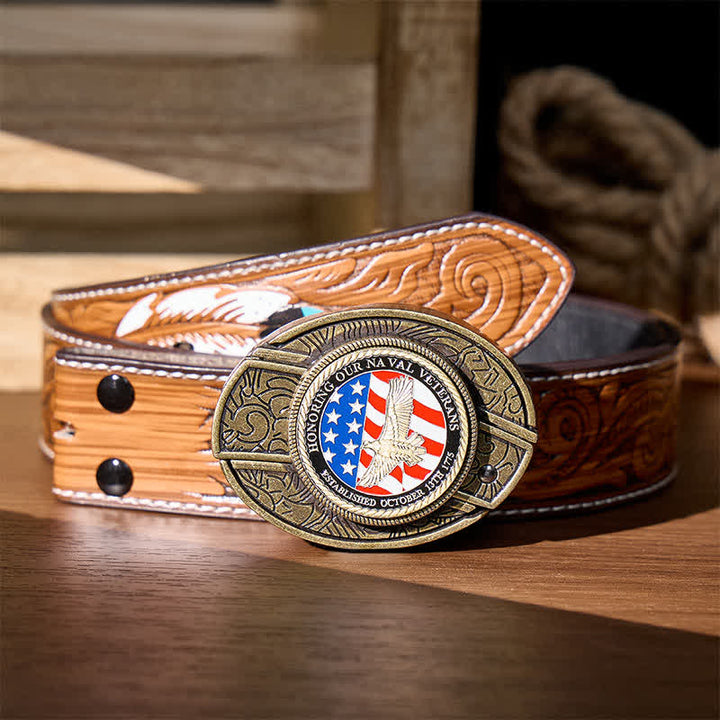 Cintura in pelle con fibbia a forma di aquila e coltello pieghevole nascosto fai-da-te in onore dei veterani della Marina. - Aquila patriottica e bandiera - Cintura di piume marroni - 40 - image 9
