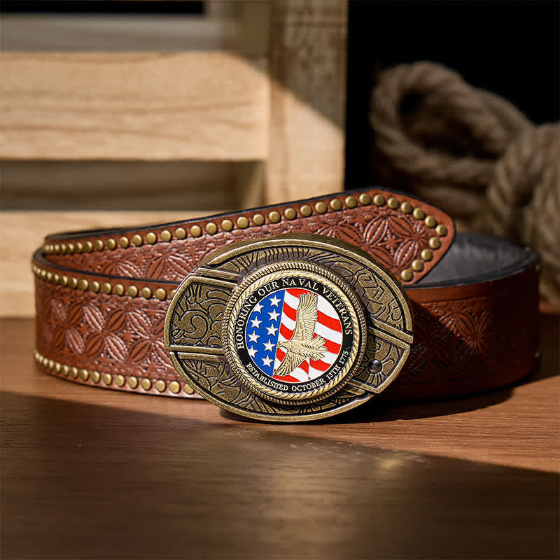 Cintura in pelle con fibbia a forma di aquila e coltello pieghevole nascosto fai-da-te in onore dei veterani della Marina. - Aquila patriottica e bandiera - Cintura con rivetti marroni - 42 - image 6