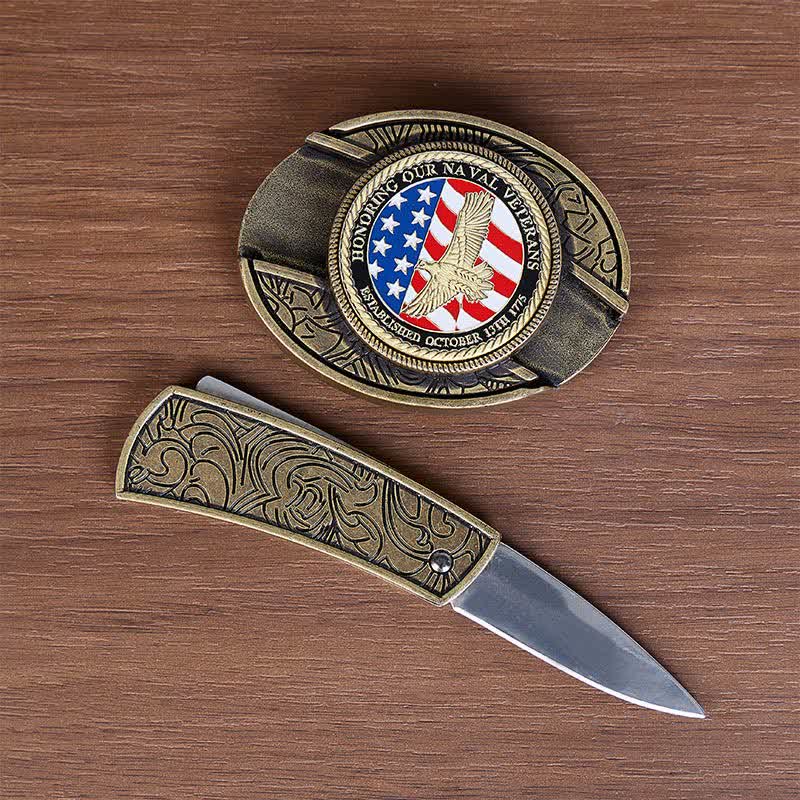 Cintura in pelle con fibbia a forma di aquila e coltello pieghevole nascosto fai-da-te in onore dei veterani della Marina. - image 1