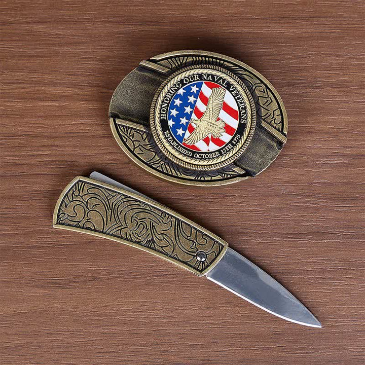 Cintura in pelle con fibbia a forma di aquila e coltello pieghevole nascosto fai-da-te in onore dei veterani della Marina. - image 1