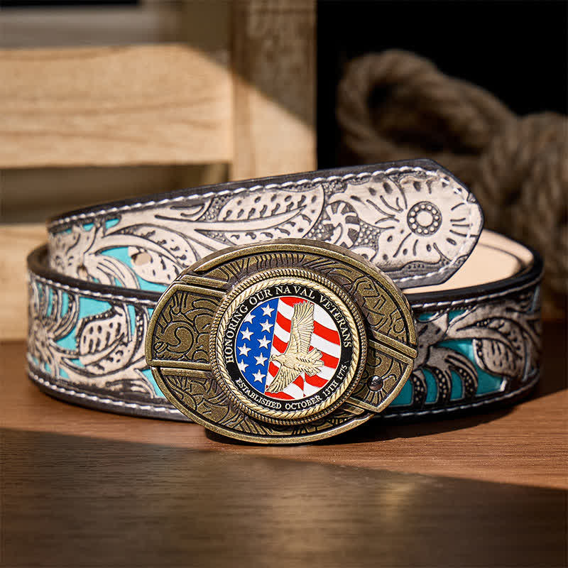 Cintura in pelle con fibbia a forma di aquila e coltello pieghevole nascosto fai-da-te in onore dei veterani della Marina. - Aquila patriottica e bandiera - Cintura grigia a fiori - 42 - image 10