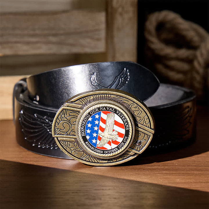 Cintura in pelle con fibbia a forma di aquila e coltello pieghevole nascosto fai-da-te in onore dei veterani della Marina. - Aquila patriottica e bandiera - Cintura nera con aquila in rilievo - 42 - image 4