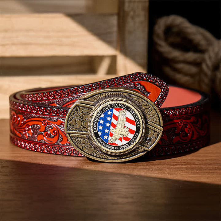 Cintura in pelle con fibbia a forma di aquila e coltello pieghevole nascosto fai-da-te in onore dei veterani della Marina. - Aquila patriottica e bandiera - Cintura intagliata marrone - 42 - image 8