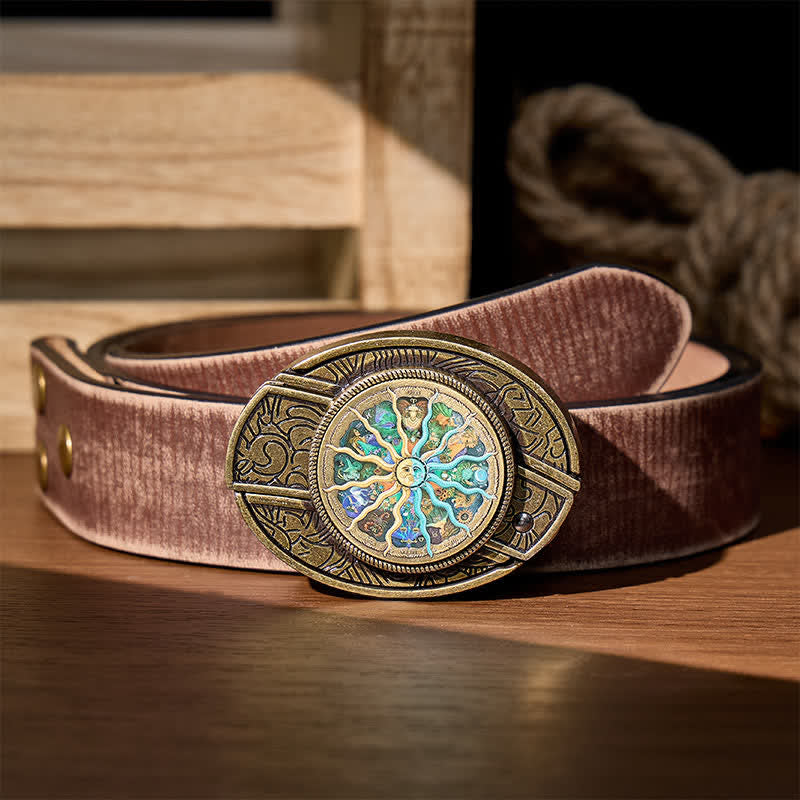 Cintura in pelle con fibbia a scomparsa in bronzo a tema astrologia e zodiaco. - Bronzo - Cintura marrone effetto invecchiato - 42 - image 5