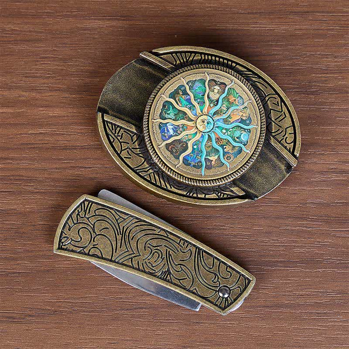 Cintura in pelle con fibbia a scomparsa in bronzo a tema astrologia e zodiaco. - image 10