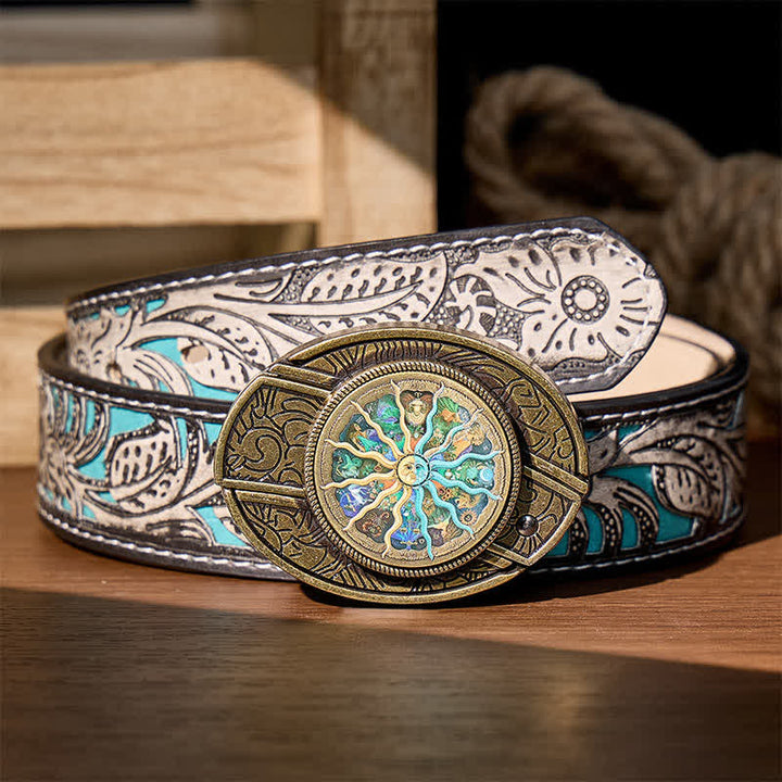 Cintura in pelle con fibbia a scomparsa in bronzo a tema astrologia e zodiaco. - Bronzo - Cintura grigia a fiori - 42 - image 8