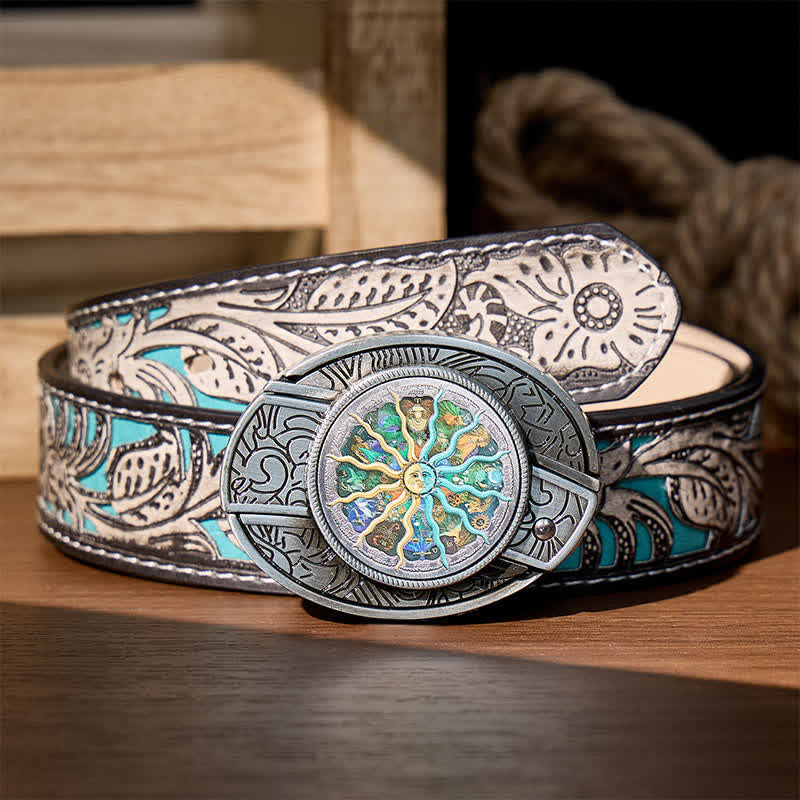 Cintura in pelle con fibbia a scomparsa per coltello pieghevole fai-da-te con motivo astrologico e zodiacale. - Argento - Cintura grigia a fiori - 42 - image 8