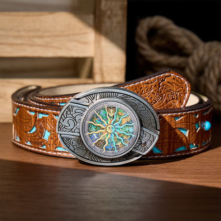 Cintura in pelle con fibbia a scomparsa per coltello pieghevole fai-da-te con motivo astrologico e zodiacale. - Argento - Cintura turchese intagliata - 42 - image 3