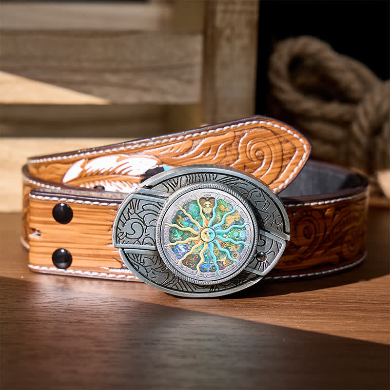 Cintura in pelle con fibbia a scomparsa per coltello pieghevole fai-da-te con motivo astrologico e zodiacale. - Argento - Cintura di piume marroni - 40 - image 7