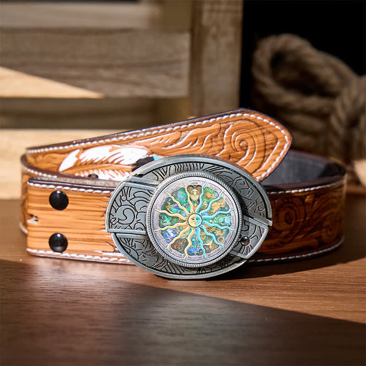 Cintura in pelle con fibbia a scomparsa per coltello pieghevole fai-da-te con motivo astrologico e zodiacale. - Argento - Cintura di piume marroni - 40 - image 7