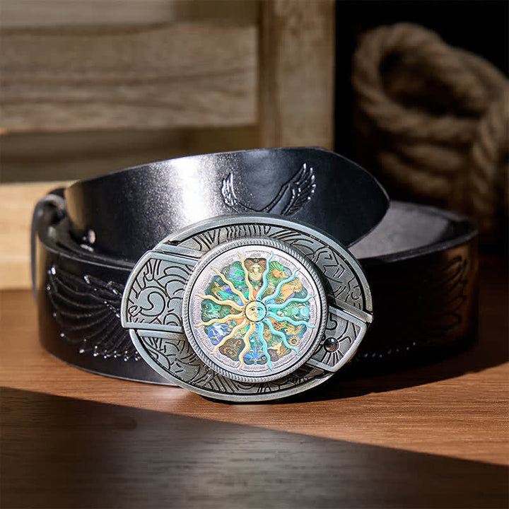 Cintura in pelle con fibbia a scomparsa per coltello pieghevole fai-da-te con motivo astrologico e zodiacale. - Argento - Cintura nera con aquila in rilievo - 42 - image 2