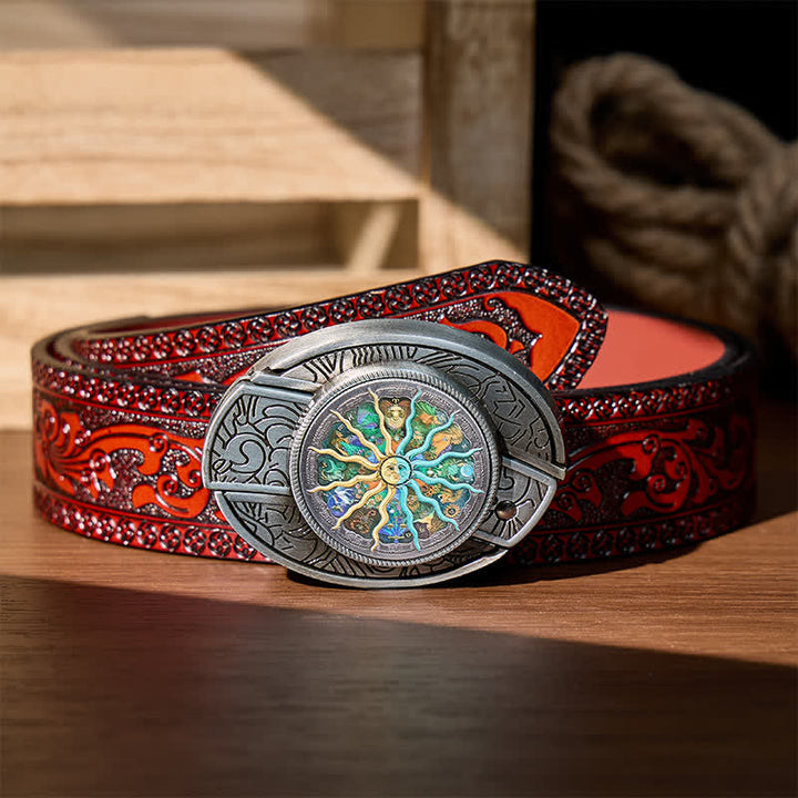 Cintura in pelle con fibbia a scomparsa per coltello pieghevole fai-da-te con motivo astrologico e zodiacale. - Argento - Cintura intagliata marrone - 42 - image 6