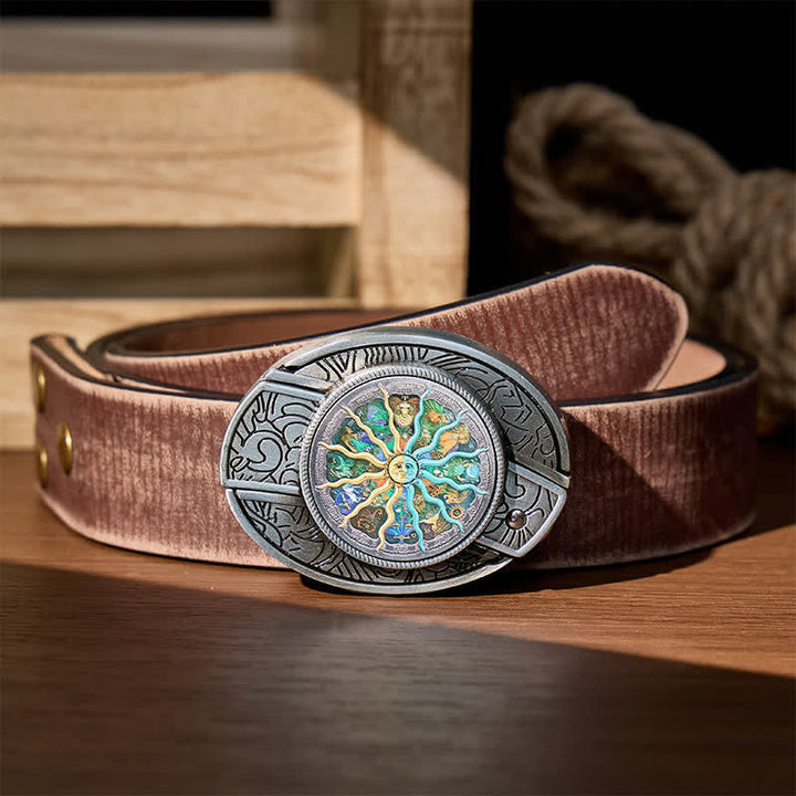 Cintura in pelle con fibbia a scomparsa per coltello pieghevole fai-da-te con motivo astrologico e zodiacale. - Argento - Cintura marrone effetto invecchiato - 42 - image 5