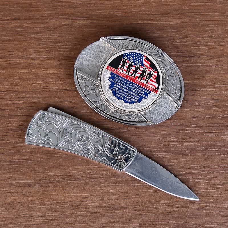 Cintura in pelle con fibbia a bandiera e coltello pieghevole nascosto fai-da-te con citazione patriottica - image 1