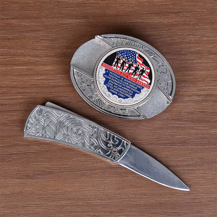 Cintura in pelle con fibbia a bandiera e coltello pieghevole nascosto fai-da-te con citazione patriottica - image 1