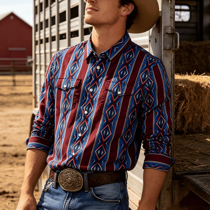 Camicia casual da uomo a maniche lunghe con righe rosse e blu in stile retrò da cowboy. - image 0