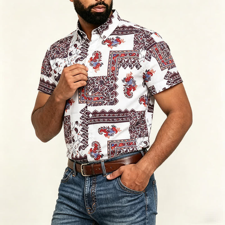 Camicia da uomo con bordo tribale marrone scuro e stampa paisley bianca - image 3