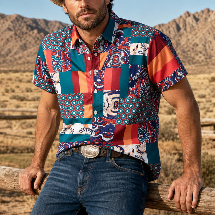 Camicia da uomo verde e arancione in stile boho con stampa paisley e patchwork. - Verde e arancione - 4XL - image 0