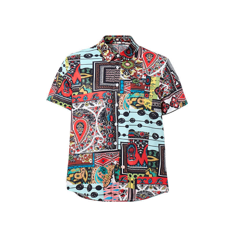 Camicia da uomo retrò etnica multicolore con stampa geometrica paisley a blocchi - image 8