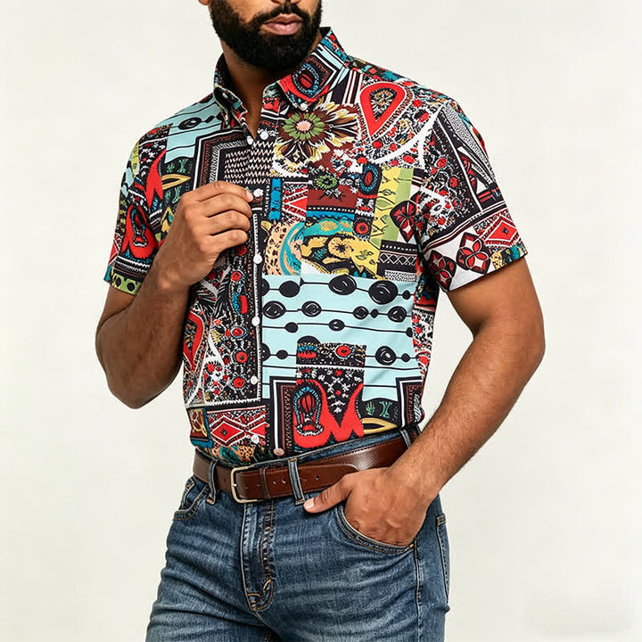 Camicia da uomo retrò etnica multicolore con stampa geometrica paisley a blocchi - image 3