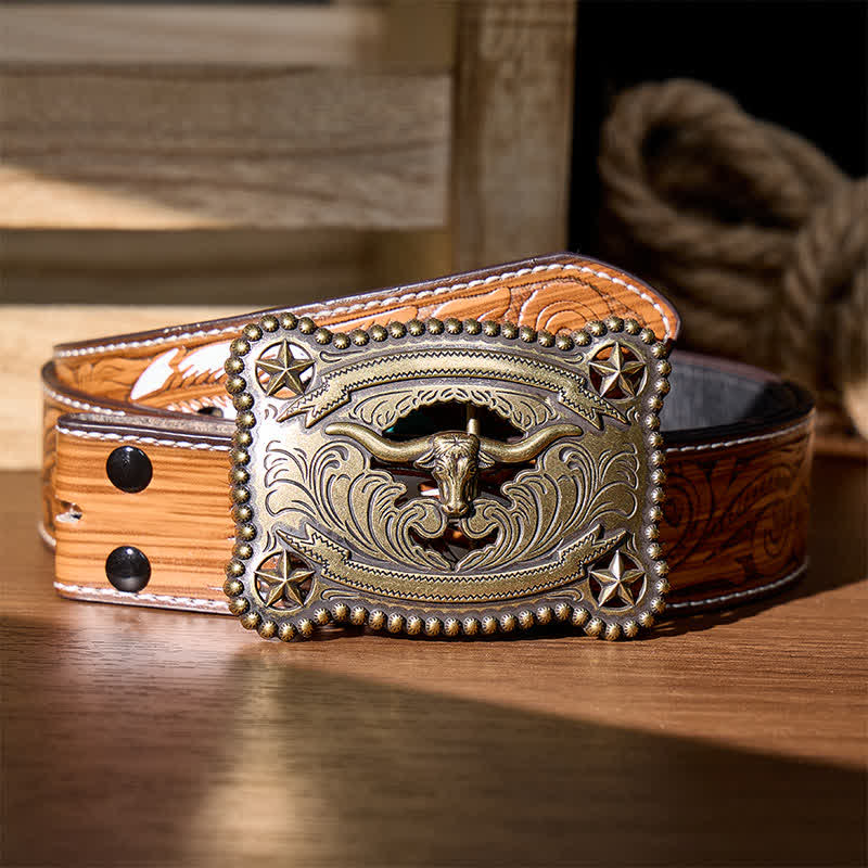 Cintura da uomo in pelle con fibbia fai-da-te a forma di stella dei Texas Longhorns, traforata. - Bronzo - Cintura di piume marroni - 40 - image 6