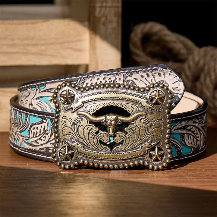 Cintura da uomo in pelle con fibbia fai-da-te a forma di stella dei Texas Longhorns, traforata. - Bronzo - Cintura grigia a fiori - 42 - image 7