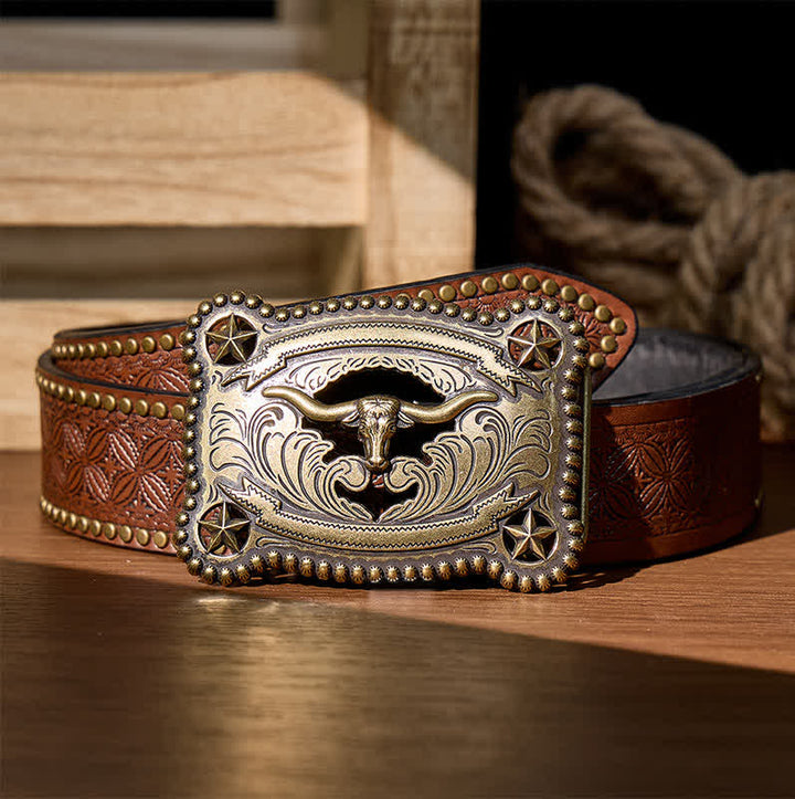 Cintura da uomo in pelle con fibbia fai-da-te a forma di stella dei Texas Longhorns, traforata. - Bronzo - Cintura con rivetti marroni - 42 - image 4