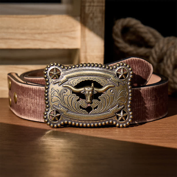 Cintura da uomo in pelle con fibbia fai-da-te a forma di stella dei Texas Longhorns, traforata. - Bronzo - Cintura marrone effetto invecchiato - 42 - image 5