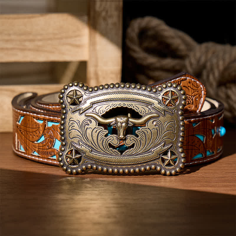 Cintura da uomo in pelle con fibbia fai-da-te a forma di stella dei Texas Longhorns, traforata. - Bronzo - Cintura turchese intagliata - 42 - image 3