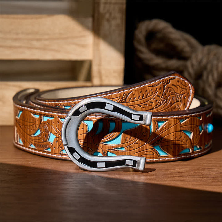 Cintura in pelle fai-da-te con fibbia a ferro di cavallo Western Luck - Argento - Cintura turchese intagliata - 42 - image 10
