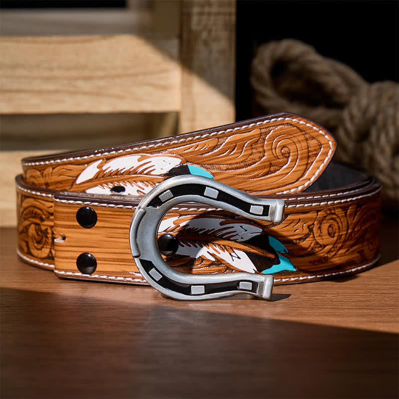 Cintura in pelle fai-da-te con fibbia a ferro di cavallo Western Luck - Argento - Cintura di piume marroni - 40 - image 13