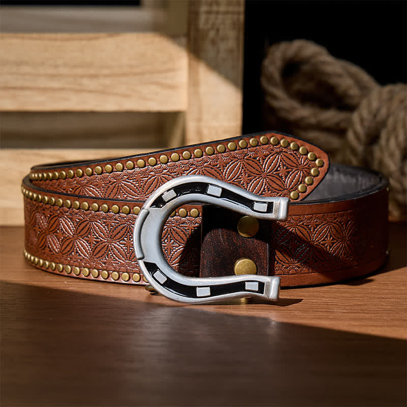 Cintura in pelle fai-da-te con fibbia a ferro di cavallo Western Luck - Argento - Cintura con rivetti marroni - 42 - image 11