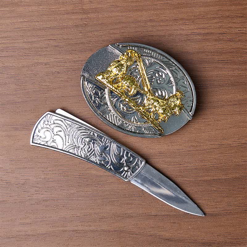 Cintura in pelle con fibbia dorata e coltello pieghevole nascosto, ideale per carrozze western fai-da-te. - image 1