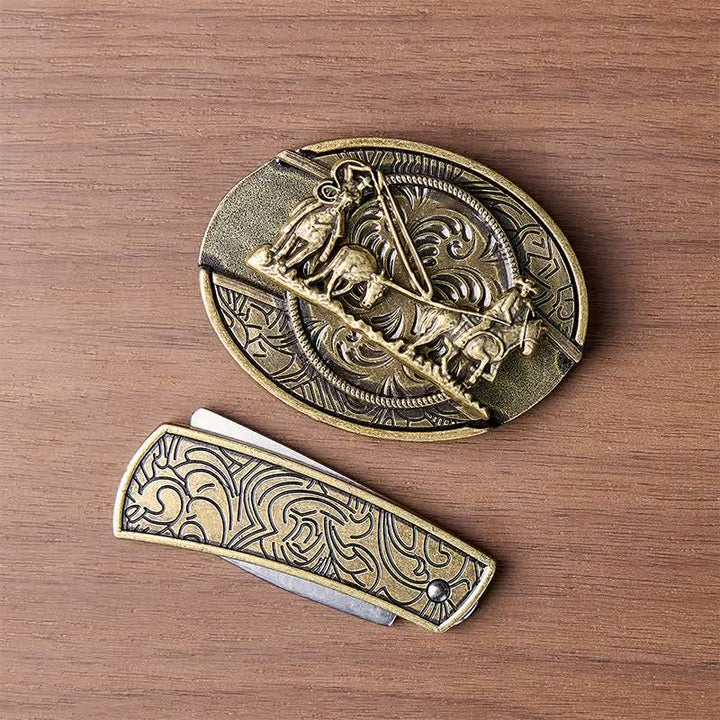 Carrozza trainata da cavalli in bronzo, coltello pieghevole nascosto fai da te, cintura in pelle con fibbia western. - image 10