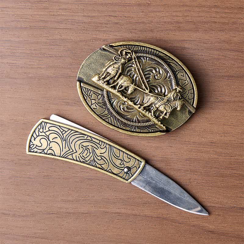 Carrozza trainata da cavalli in bronzo, coltello pieghevole nascosto fai da te, cintura in pelle con fibbia western. - image 1