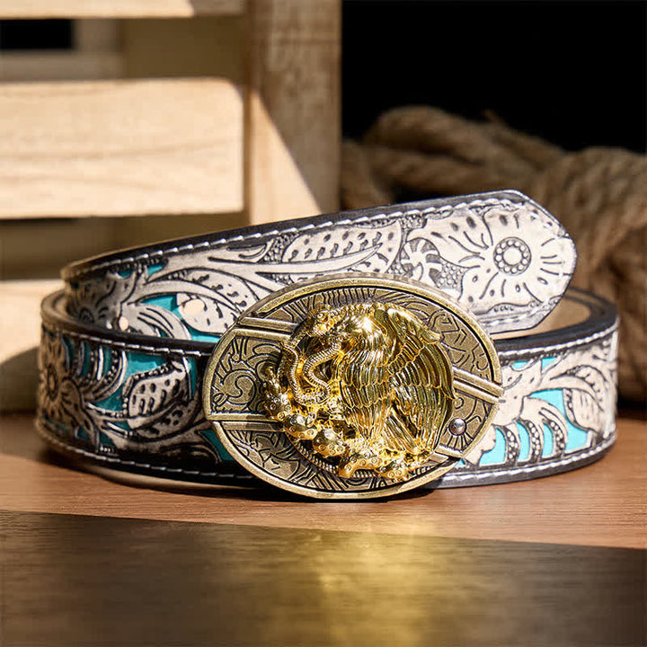 Cintura in pelle con fibbia in bronzo e coltello pieghevole nascosto fai-da-te Gold Eagle Serpent Gold Eagle Serpent. - Aquila e Serpente - Cintura grigia a fiori - 42 - image 8
