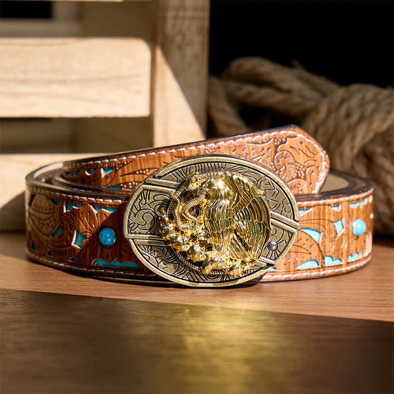 Cintura in pelle con fibbia in bronzo e coltello pieghevole nascosto fai-da-te Gold Eagle Serpent Gold Eagle Serpent. - Aquila e Serpente - Cintura turchese intagliata - 42 - image 3