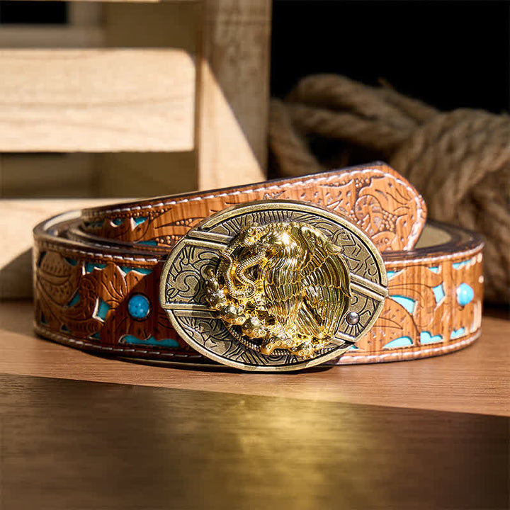 Cintura in pelle con fibbia in bronzo e coltello pieghevole nascosto fai-da-te Gold Eagle Serpent Gold Eagle Serpent. - Aquila e Serpente - Cintura turchese intagliata - 42 - image 3