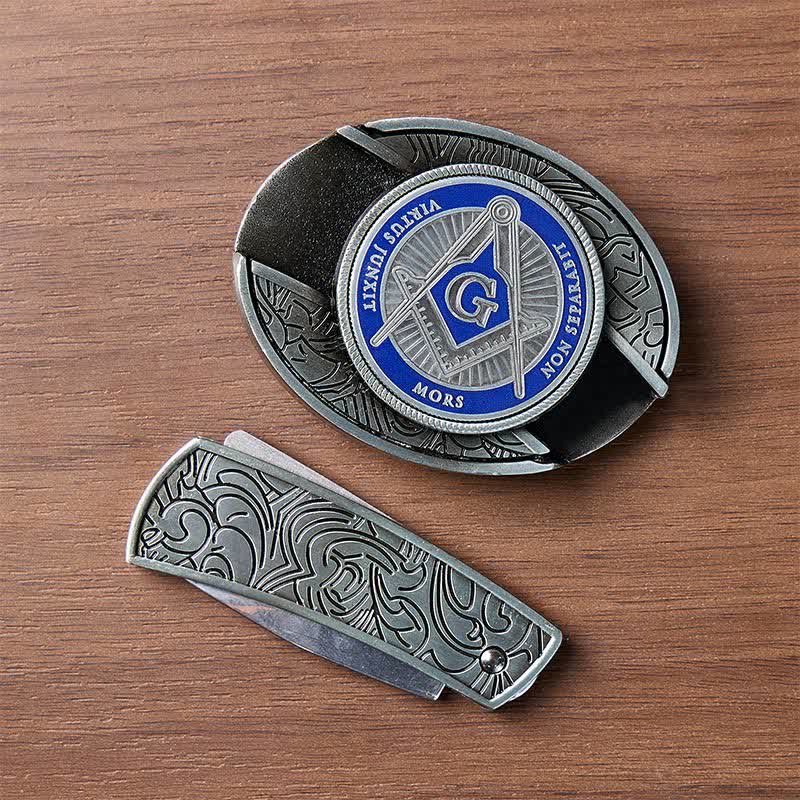 Fibbia per cintura in pelle con coltello a scomparsa e simbolo massonico in smalto blu, fai da te, con scomparto nascosto per coltello pieghevole. - image 10