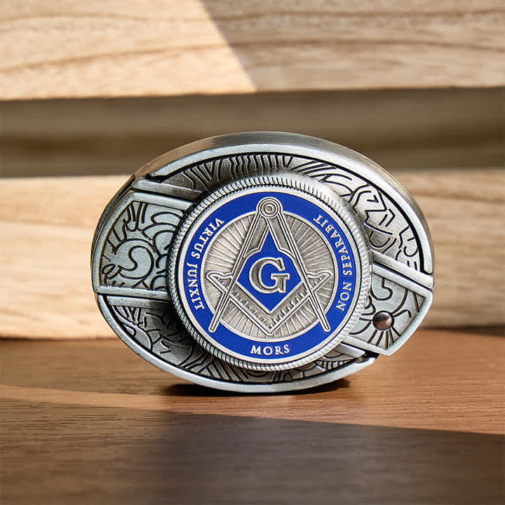 Fibbia per cintura in pelle con coltello a scomparsa e simbolo massonico in smalto blu, fai da te, con scomparto nascosto per coltello pieghevole. - Blu - Senza cintura - Cintura non inclusa - image 0