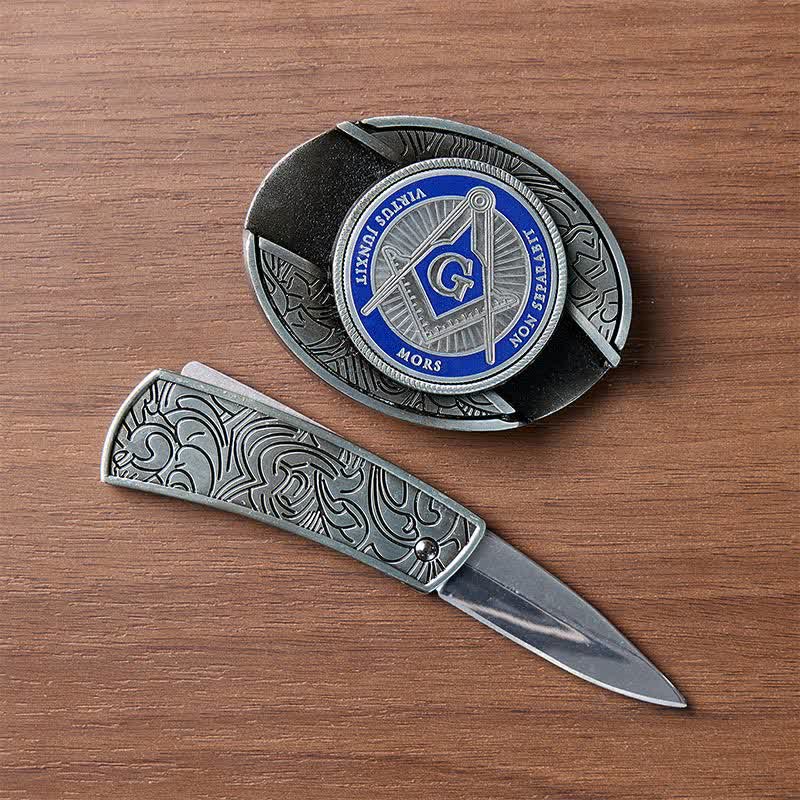 Fibbia per cintura in pelle con coltello a scomparsa e simbolo massonico in smalto blu, fai da te, con scomparto nascosto per coltello pieghevole. - image 1