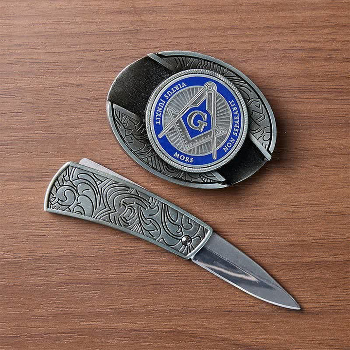 Fibbia per cintura in pelle con coltello a scomparsa e simbolo massonico in smalto blu, fai da te, con scomparto nascosto per coltello pieghevole. - image 1