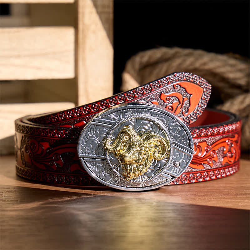 Cintura in pelle con fibbia a scomparsa fai-da-te con teschio di ariete in argento e oro e coltello pieghevole a testa nascosta. - Teschio di ariete - Cintura intagliata marrone - 42 - image 6
