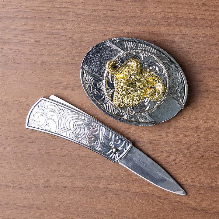 Cintura in pelle con fibbia a scomparsa fai-da-te con teschio di ariete in argento e oro e coltello pieghevole a testa nascosta. - image 1