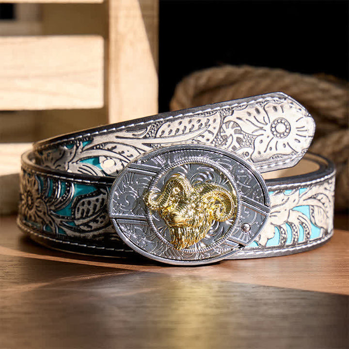 Cintura in pelle con fibbia a scomparsa fai-da-te con teschio di ariete in argento e oro e coltello pieghevole a testa nascosta. - Teschio di ariete - Cintura grigia a fiori - 42 - image 8