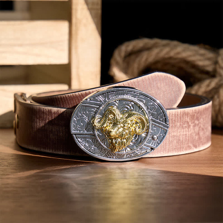 Cintura in pelle con fibbia a scomparsa fai-da-te con teschio di ariete in argento e oro e coltello pieghevole a testa nascosta. - Teschio di ariete - Cintura marrone effetto invecchiato - 42 - image 5