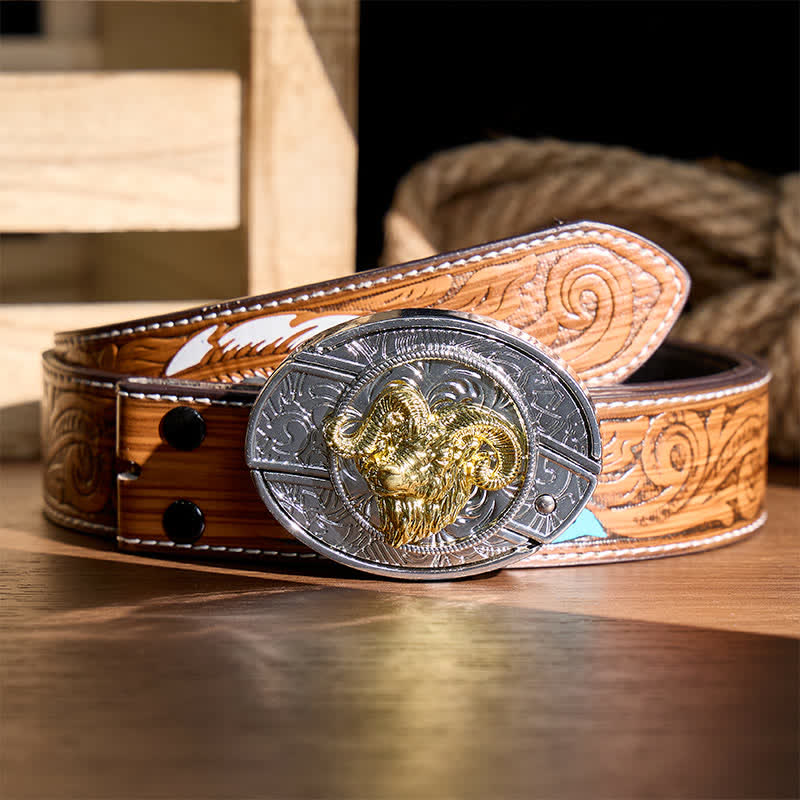 Cintura in pelle con fibbia a scomparsa fai-da-te con teschio di ariete in argento e oro e coltello pieghevole a testa nascosta. - Teschio di ariete - Cintura di piume marroni - 40 - image 7