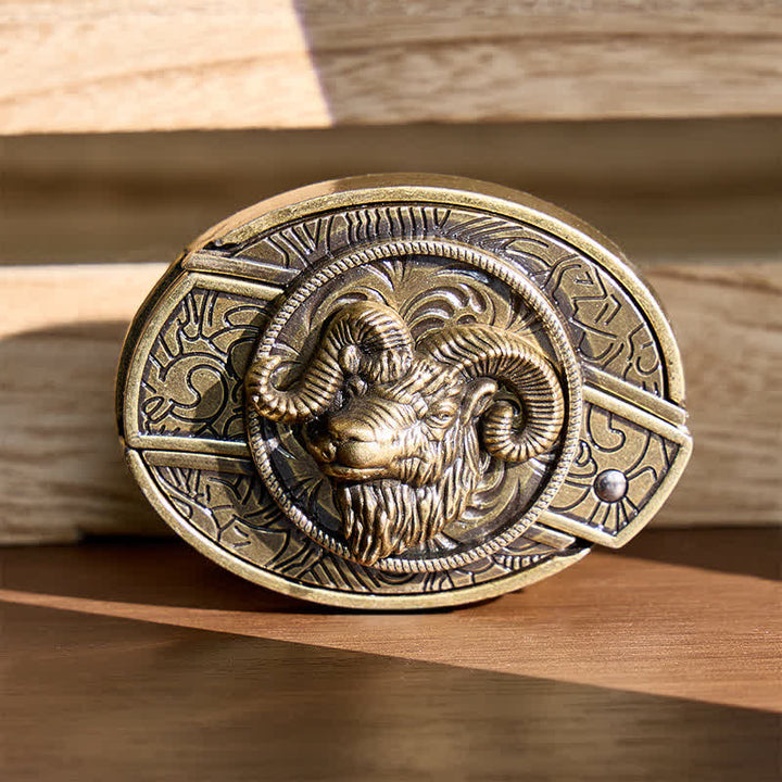 Cintura in pelle con fibbia a coltello pieghevole a scomparsa in bronzo antico a forma di teschio di ariete. - Teschio di ariete - Senza cintura - Cintura non inclusa - image 0