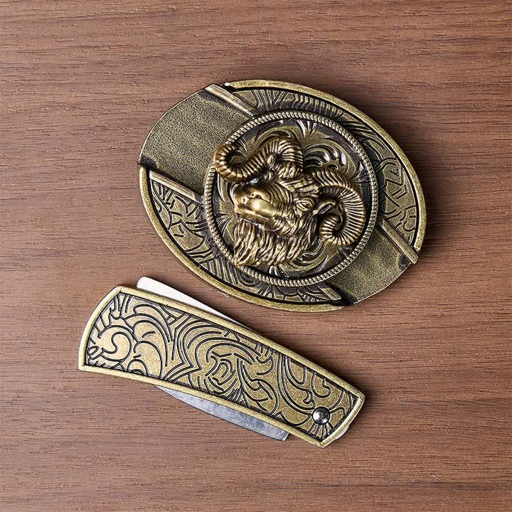 Cintura in pelle con fibbia a coltello pieghevole a scomparsa in bronzo antico a forma di teschio di ariete. - image 9