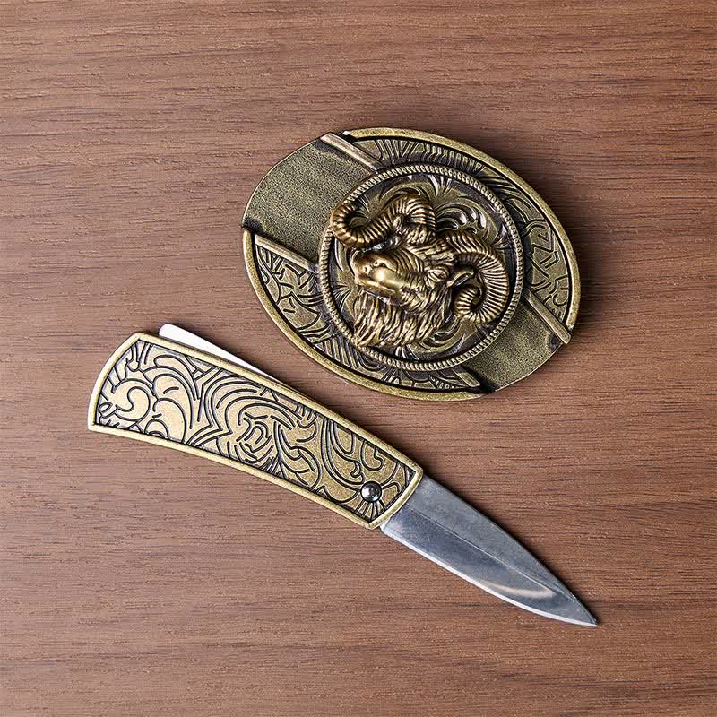 Cintura in pelle con fibbia a coltello pieghevole a scomparsa in bronzo antico a forma di teschio di ariete. - image 1